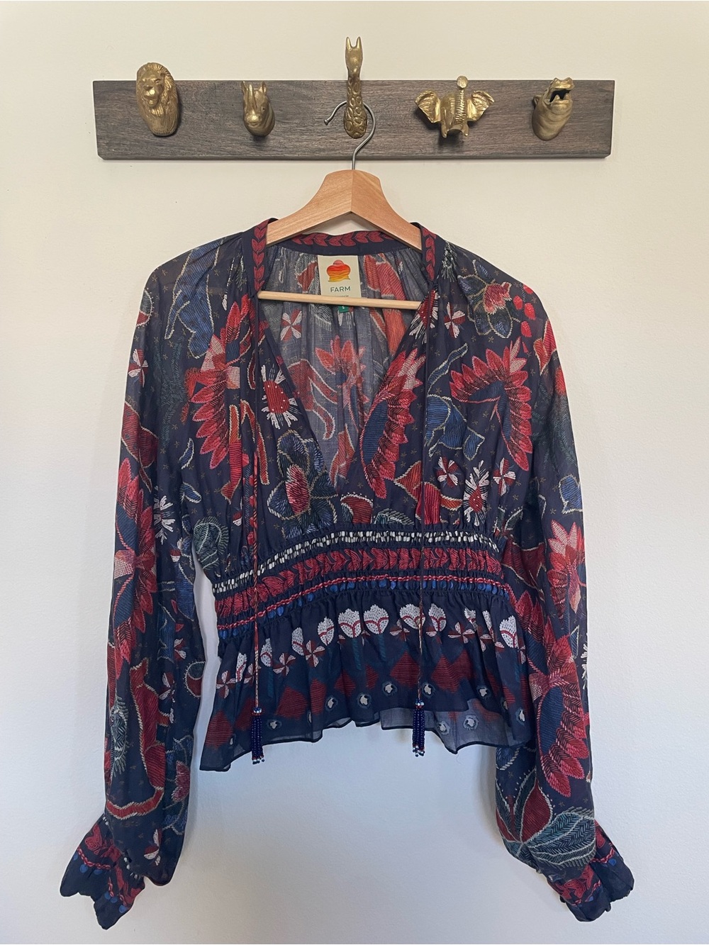 FARM Rio Navy Floral Peasant Blouse with Red Accents